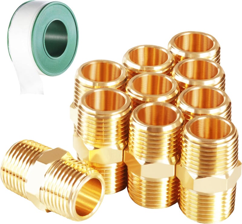 MSAEIQUN 10PCS 3/8 Inch Male Pipe x 3/8 Inch Male Pipe Solid Brass Threaded Straight Pipe Equal Diameter Pipe Hex Nipple Fittings Extension Connector Adapter Coupling for Pipe Line/Oil/Gas - Image 1
